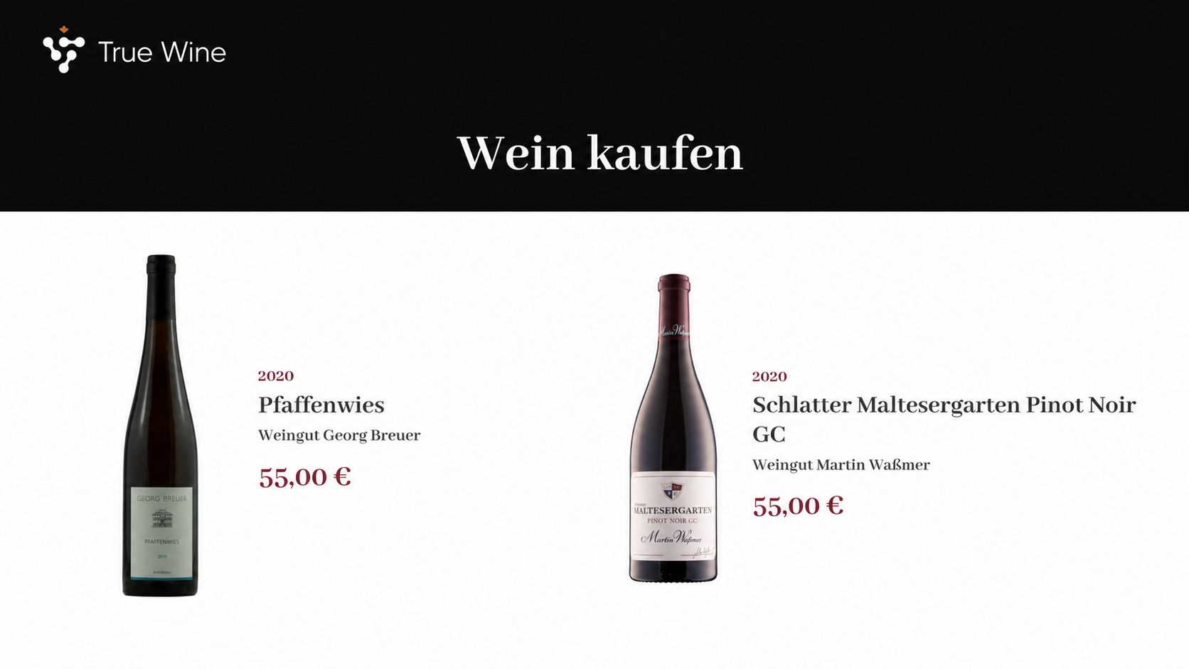 True Wine Marktplatz mit Filter- und Sortierfunktionen